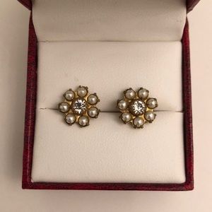 Anthropologie Pearl and Rhinestone Flower Stud Earrings